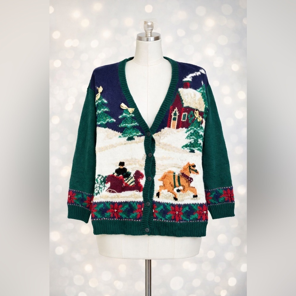 Vintage Weekend Edition Christmas Cardigan Sleigh Horse Cottagecore M Wool Blend